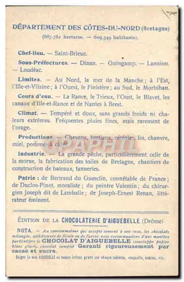Tarjeta de los Departamentos : Côtes-du-Nord — Edición de la Chocolatería D'Aiguebelle — Reverso