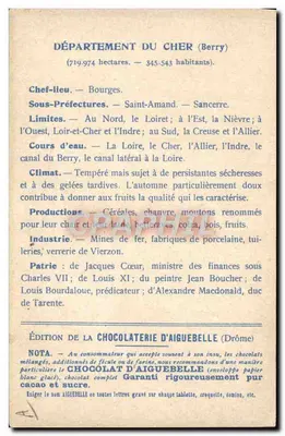 Les Départements : CHER — Édition de la CHOCOLATERIE D'AIGUEBELLE — Verso
