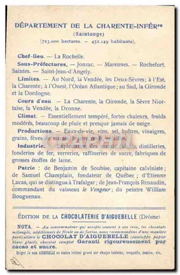 Charente-Inférieure — geografische und beschreibende Karte — Ausgabe der Schokoladenfabrik Aiguebelle — Rückseite