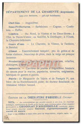 Die Departemente: CHARENTE — Ausgabe der CHOCOLATERIE D'AIGUEBELLE — Rückseite