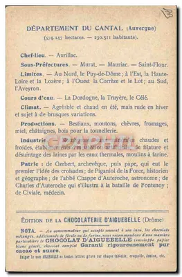 Les Départements : Cantal — Édition de la Chocolaterie d'Aiguebelle — Verso