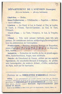 Die Departemente: AVEYRON — Ausgabe der CHOCOLATERIE D'AIGUEBELLE — Rückseite