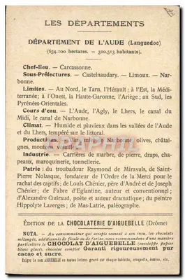 I Dipartimenti: Aude — Edizione della Cioccolateria d'Aiguebelle — Verso