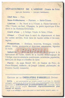 Die Departemente: ARIÈGE — Ausgabe der CHOCOLATERIE D'AIGUEBELLE — Rückseite