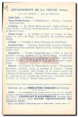 Die Departemente: VIENNE — Ausgabe der CHOCOLATERIE D'AIGUEBELLE — Rückseite