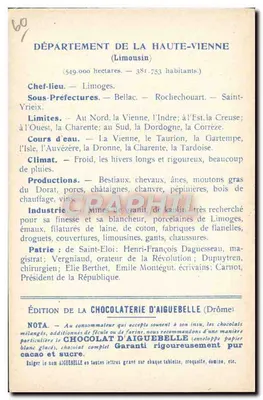 Haute-Vienne — Karte der Departemente — Ausgabe der Schokoladenfabrik Aiguebelle — Rückseite