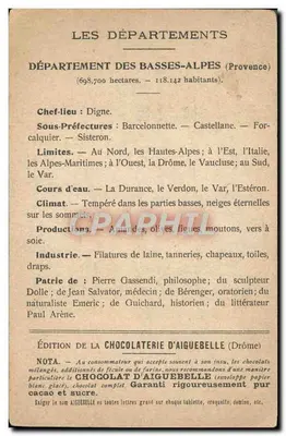 Die Departemente: Basses-Alpes — Ausgabe der Schokoladenfabrik Aiguebelle — Rückseite
