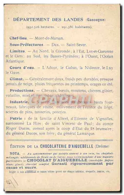 I Dipartimenti: LANDES — Edizione della CIOCCOLATERIA D'AIGUEBELLE — Verso