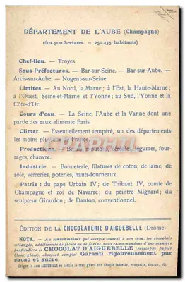 Die Departemente: AUBE — Ausgabe der CHOCOLATERIE D'AIGUEBELLE — Rückseite