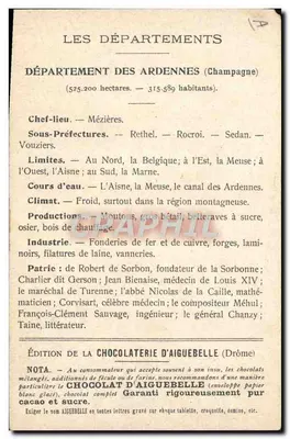 Die Departements: Ardennen — Ausgabe der Chocolaterie d'Aiguebelle — Rückseite