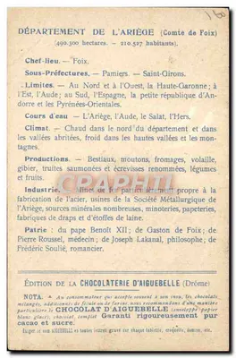 Ariège — Mappa dei Dipartimenti — Edizione della Cioccolateria d'Aiguebelle — Verso