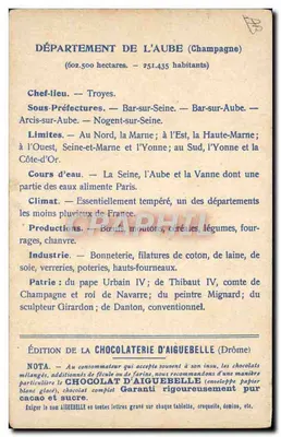 Les Départements : AUBE — Édition de la CHOCOLATERIE D'AIGUEBELLE — Verso