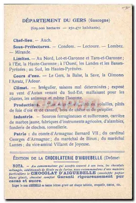 Departamentos: GERS — Edição da Chocolaterie d'Aiguebelle — Verso