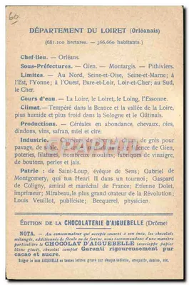 Departement Loiret — Orléanais — Ausgabe der Schokoladenfabrik Aiguebelle — Rückseite