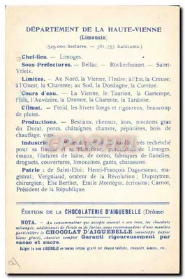 Haute-Vienne — Limousin — Ausgabe der Schokoladenfabrik Aiguebelle — Rückseite