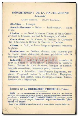 Haute-Vienne — Mapa de los Departamentos — Edición de la Chocolatería de Aiguebelle — Reverso