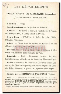 Die Departemente: ARDÈCHE — Ausgabe der CHOCOLATERIE D'AIGUEBELLE — Rückseite