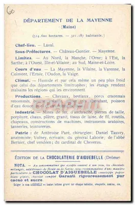 Mayenne — Karte der Departements — Ausgabe der Chocolaterie D'Aiguebelle — Rückseite