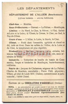 Os Departamentos: ALLIER — Edição da CHOCOLATERIE D'AIGUEBELLE — Verso