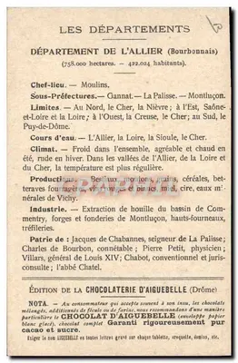 Les Départements : ALLIER — carte géographique avec illustration du château de Bourbon-l'Archambault — Édition de la CHOCOLATERIE D'AIGUEBELLE — Achterkant