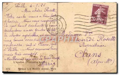 Bilhete postal antigo Papillon L'Apollon Parnassius Apollo — Verso