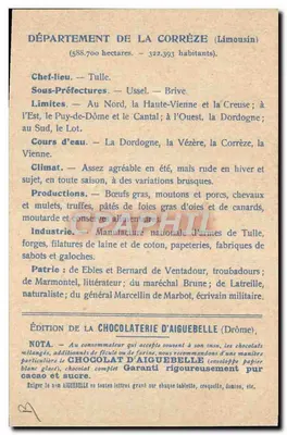 Département Corrèze — Ausgabe der Schokoladenfabrik Aiguebelle — Rückseite
