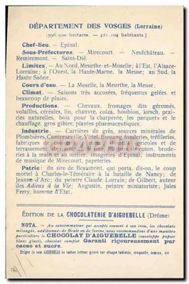 Les Départements : VOSGES — Édition de la CHOCOLATERIE D'AIGUEBELLE — Verso