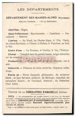 Die Departemente: Basses-Alpes — Ausgabe der Schokoladenfabrik Aiguebelle — Rückseite