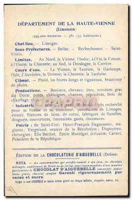 Haute-Vienne — Carte des départements — Édition de la Chocolaterie d'Aiguebelle — Verso
