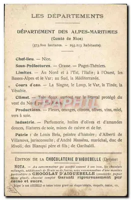 Die Departemente: ALPES-MARITIMES — Ausgabe der CHOCOLATERIE D'AIGUEBELLE — Rückseite