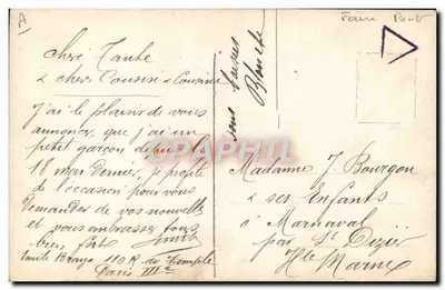 Nascido em um ninho — anúncio de nascimento — M. & Sra. Braye, Paris — Verso