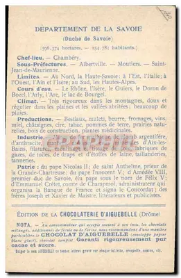 Savoie — Les Départements : SAOVOIE — Édition de la CHOCOLATERIE D'AIGUEBELLE — Verso