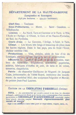 Haute-Garonne — Karte der Departemente — Ausgabe der Schokoladenfabrik Aiguebelle — Rückseite