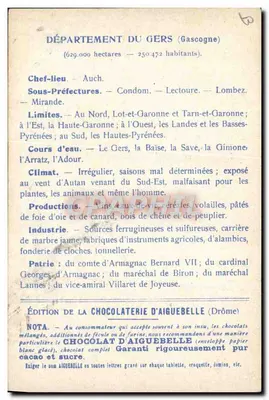Die Departements: GERS — Ausgabe der CHOCOLATERIE D'AIGUEBELLE — Rückseite