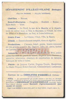 Ille-et-Vilaine — geografische und beschreibende Karte — Ausgabe der Chocolaterie d'Aiguebelle — Rückseite