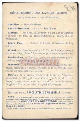 Les Départements : LANDES — carte géographique avec illustration du confluent de la Nidouze et du Miroué — Édition de la CHOCOLATERIE D'AIGUEBELLE — Verso