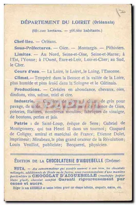 Departamentos: LOIRET — Edição da CHOCOLATERIE D'AIGUEBELLE — Verso