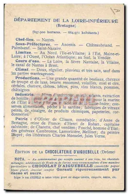 Loire-Inférieure — Carte géographique et descriptive — Édition de la Chocolaterie d'Aiguebelle — Verso