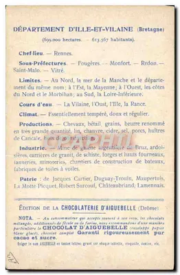 Carta dos Departamentos: Ille-et-Vilaine — Edição da Chocolaterie d'Aiguebelle — Verso