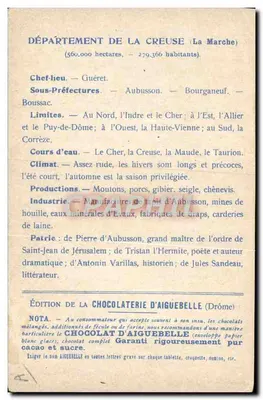I Dipartimenti: CREUSE — Carta geografica e descrittiva — Edizione della CHOCOLATERIE D'AIGUEBELLE — Verso