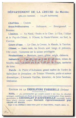 Os Departamentos: CREUSE — Edição da CHOCOLATERIE D'AIGUEBELLE — Verso