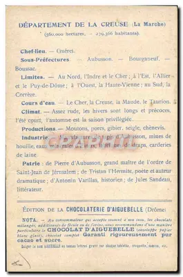 Dipartimento della Creuse — Carta geografica e descrittiva — Edizione della Cioccolateria d'Aiguebelle — Verso