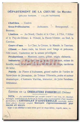 Die Departements: CREUSE — Edition der CHOCOLATERIE D'AIGUEBELLE — Rückseite