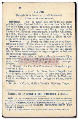 Paris — carte historique avec itinéraire en bleu — Édition de la Chocolaterie d'Aiguebelle — Verso