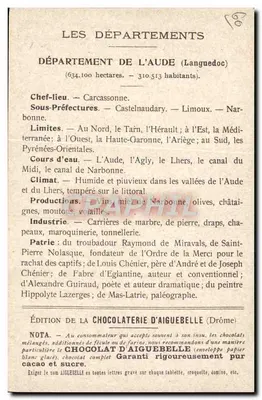Los Departamentos: Aude — Edición de la Chocolatería de Aiguebelle — Reverso