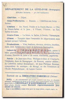 CÔTE-D'OR — Carte des Départements — Édition de la CHOCOLATERIE D'AIGUEBELLE — Verso