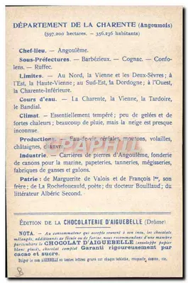 Charente — Karte der Departements — Ausgabe der Schokoladenfabrik Aiguebelle — Rückseite