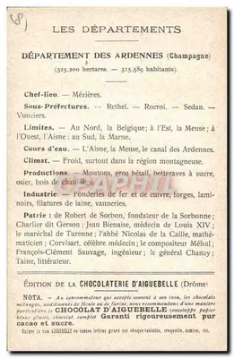 Die Departements: Ardennen — Ausgabe der Schokoladenfabrik Aiguebelle — Rückseite