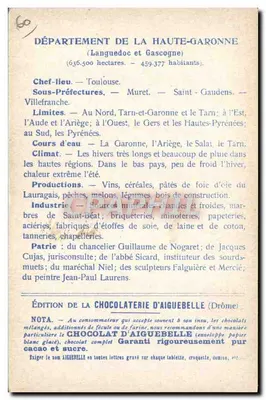 Haute-Garonne — Carta geográfica e descritiva — Edição da Chocolaterie d'Aiguebelle — Verso