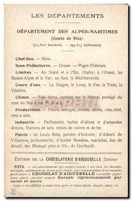 Os Departamentos: Alpes-Maritimes — Edição da Chocolaterie d'Aiguebelle — Verso